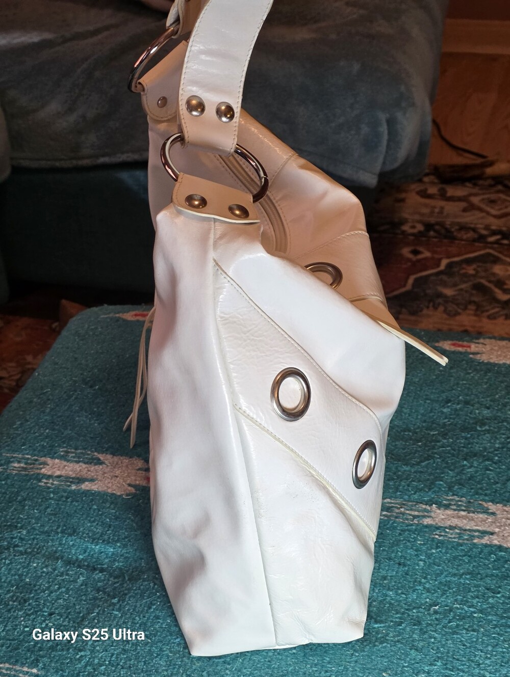 Y2K Vintage Rare Mussio DeGroot White Patent Leather Large Grommet Hobo Bag - Picture 11 of 17